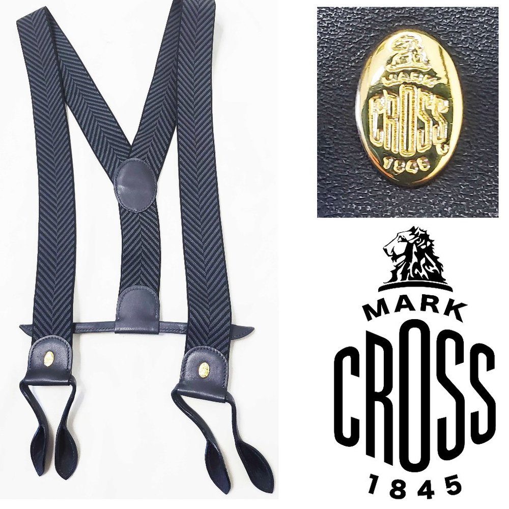 MARK CROSS MENS STRETCH ELASTIC LEATHER FABRIC SUSPENDERS BRACES BLACK & GRAY